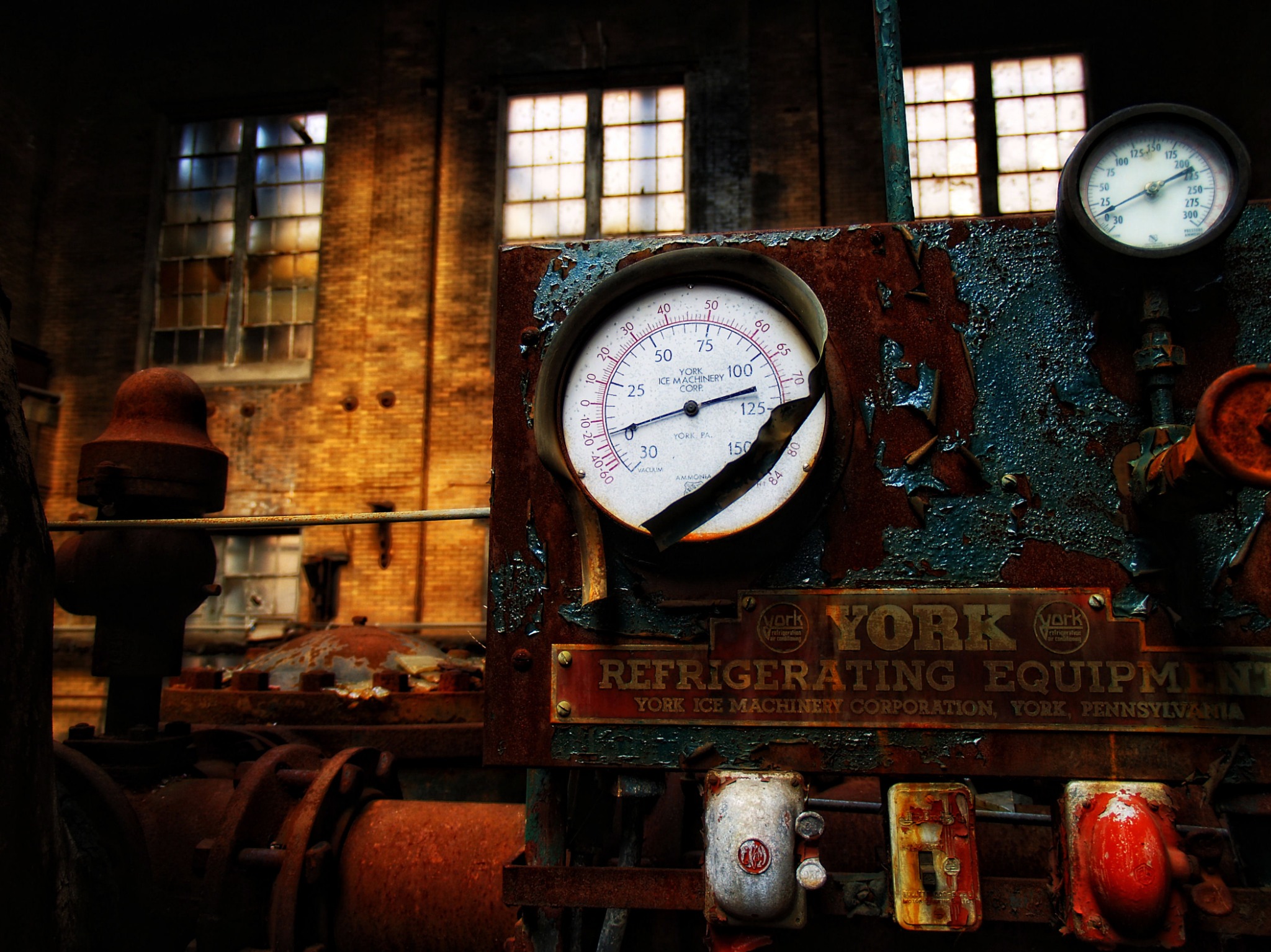 Old factory gauges and weathered controls